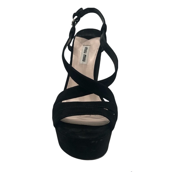 MIU MIU BLACK SUEDE AND MIRROR PLATFORM SANDALS - Picture 10 of 16
